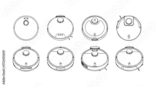 Eight robot vacuum cleaner top views line art sketches exploring design variations silhouette