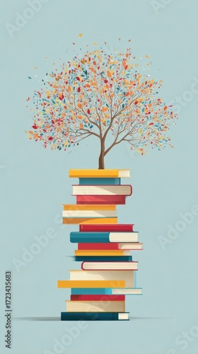 Knowledge Tree: A visual metaphor of a tree, symbolizing knowledge and growth, flourishing atop a stack of books, it portrays the essence of learning and intellectual expansion.