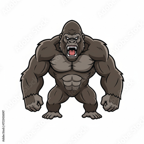 Lowland gorilla, Gorilla gorilla, isolated on white background. Black and white image.