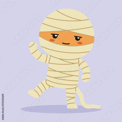 cute mummy cartoon character posing innocent face waving hand