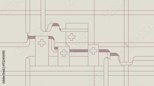 A schematic diagram featuring plus signs and lines on a light tan background in a minimalist style