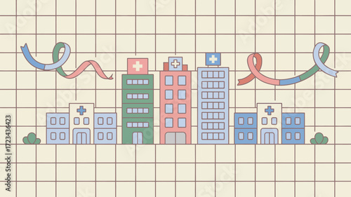 Illustration of hospitals with ribbons and grid background in pastel colors and cartoon style