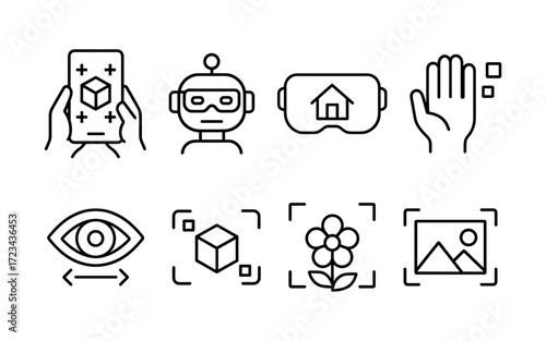 Augmented reality icons set. Virtual reality headset, AR app on smartphone and tablet, 3D object, QR code, navigation and interactive technology.