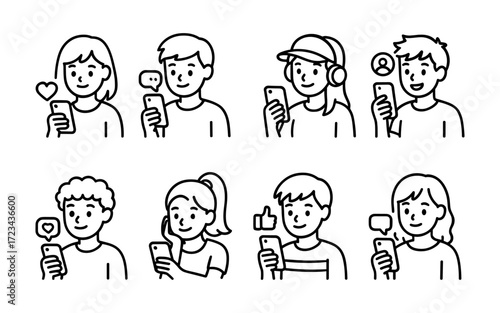 People using smartphones icons set. Young men and women chatting, texting, sending likes and emojis online. Outline vector illustrations