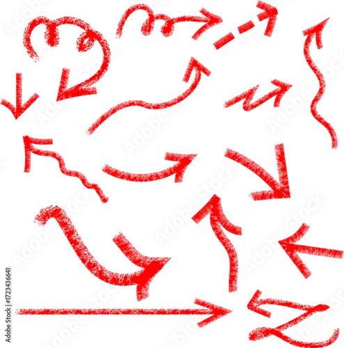 Red crayon arrow doodles collection hand sketched curved lines, swirls, and pointers artistic scribbles, design elements with grunge style strokes, vector file