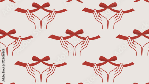 Repeating pattern of red ribbon held by hands on a light background, gift giving concept design