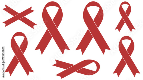 A collection of red awareness ribbons in various styles on a white background for health campaigns
