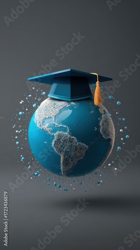 Global Education: A graduation cap delicately poised atop a globe, surrounded by floating water droplets. This image embodies the pursuit of knowledge across the world. 