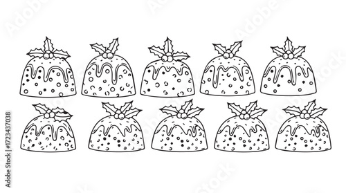 Hand drawn festive christmas puddings with holly accents collection artistic food drawing silhouette