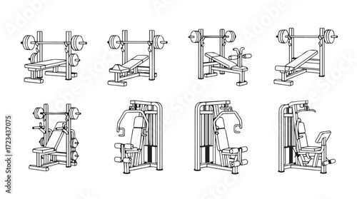 Collection of gym workout machines and strength training equipment line art styles silhouette