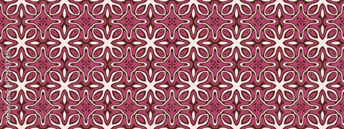Elegant repeating pattern of stylized floral motifs in deep rose and cream hues.