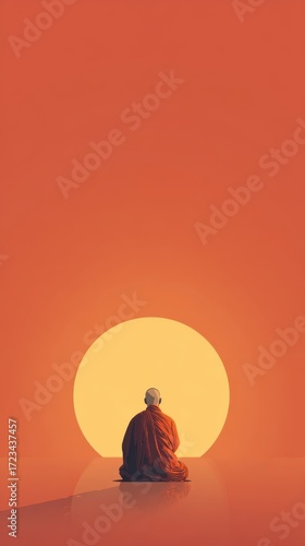 Serene Meditation at Sunset: A lone figure, bathed in the warm, golden hues of the setting sun, finds inner peace through meditation. This tranquil scene evokes a sense of serenity, mindfulness.