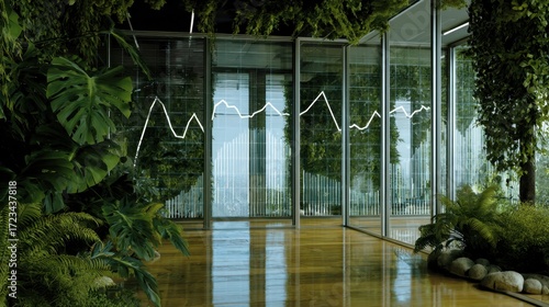 Modern office space with glass walls, greenery, and abstract line graph design symbolizing growth and innovation in business