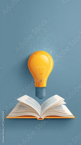 Illumination of Knowledge: A radiant light bulb hovers above an open book, symbolizing the spark of innovation and the power of knowledge, education, learning, and study.