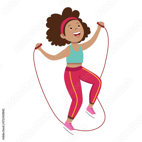 Happy cartoon girl jumping rope, active kid exercising with skipping rope, healthy lifestyle fitness activity vector illustration for children sports, education, and fun workout materials