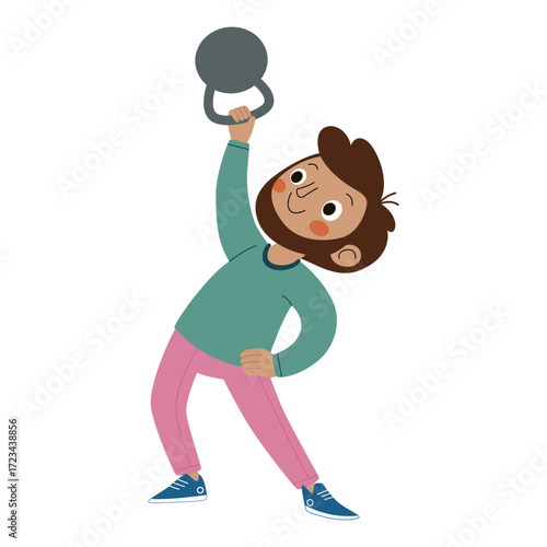Cartoon man lifting kettlebell, vector illustration of fitness training and healthy lifestyle