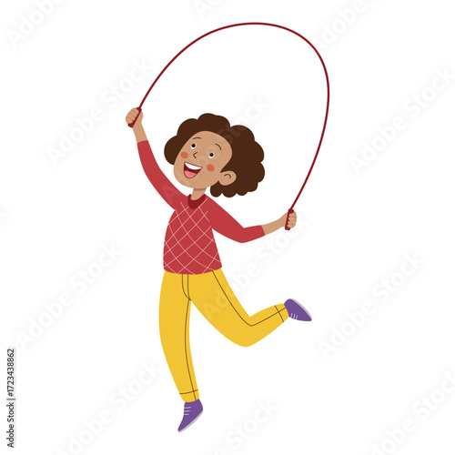 Happy child jumping rope, cute cartoon girl playing with skipping rope, vector illustration of active exercising