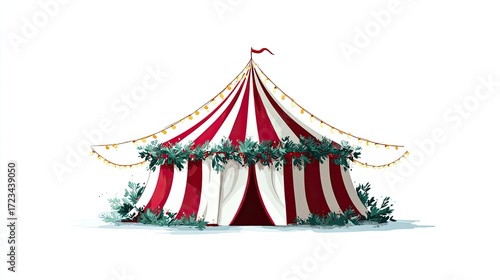 Festive red and white striped circus tent adorned with garland and lights, sitting on a snowy ground against a white background