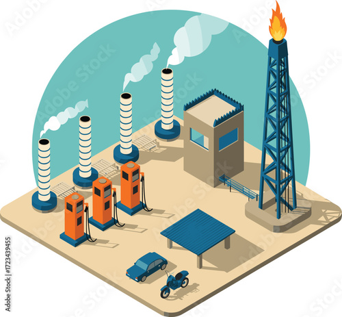 Isometric 3D illustration of oil refinery plant, gas station, fuel pumps, industrial factory, energy production, petroleum industry, power generation