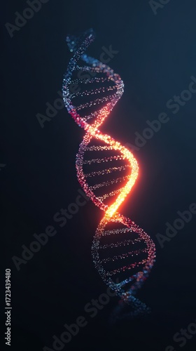 DNA strand illuminating in the dark: a vibrant representation of the building block of life against a dark background, evoking the mysteries of genetics and the elegance of science.