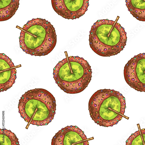 Hand drawn vintage seamless pattern of caramel apple with sprinkle topping and stick, colorful sketch vector illustration