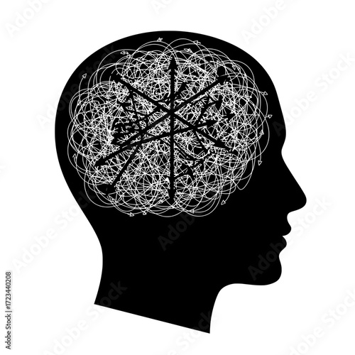 Silhouette of head with tangled thoughts. Mental clutter and anxiety.
