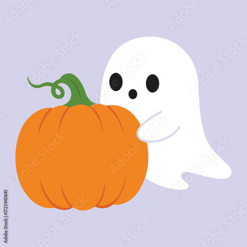 cute ghost cartoon character posing trying to hide behind a pumpkin