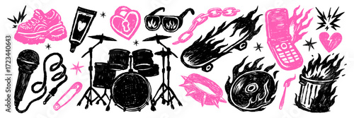 Sketch punk rock set with sneakers, microphone, drums, skateboard, sunglasses, hearts, phone, collar, safety pin in scribble crayon