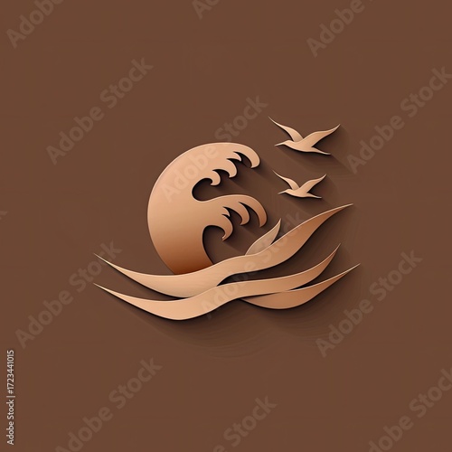 Bronze-toned stylized ocean wave design with three birds in flight, set against a dark brown background; layered, paper-cut aesthetic