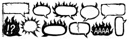 Flaming doodle speech bubbles set in scribble sketch crayon style, comic frames with fire effect spooky Halloween illustration for text and dialogue decoration