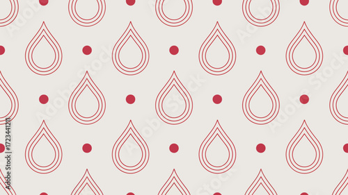 Seamless pattern of red outlined teardrop shapes and red dots on a white background in a repeating design