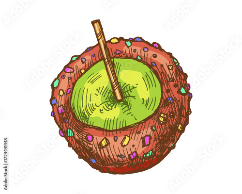 Hand drawn vintage sketch of caramel apple with colorful candy sprinkle coating and wooden stick in retro style