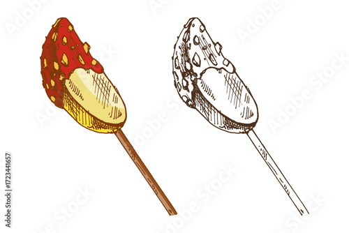 Hand drawn vintage sketch of caramel apple slice on wooden stick with nut topping in color and monochrome version
