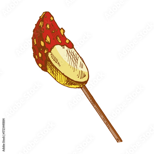 Hand drawn vintage sketch of caramel coated apple slice on wooden stick with nut topping in retro style