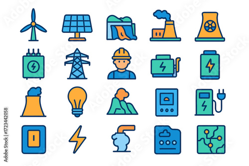 Set of Colored Icons of Construction Workers and Tools ENERGY SOURCES
