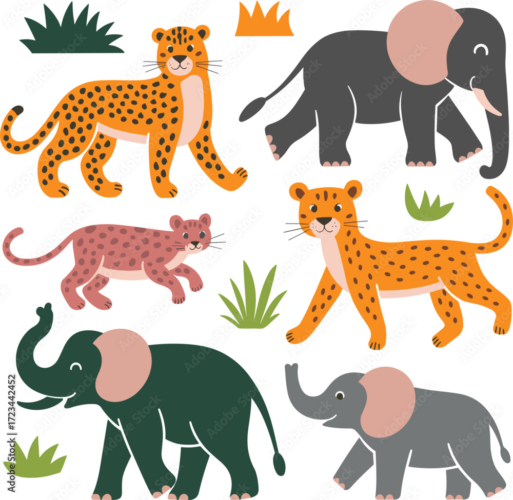 Fototapeta premium Leopard, Cheetah, Panther, Elephant vector on white background