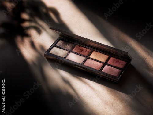 Palette di ombretti con colori metallici e brillanti illuminata da un raggio di luce, un concetto di cosmetica e makeup

