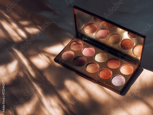 Palette di ombretti con colori metallici e brillanti illuminata da un raggio di luce, un concetto di cosmetica e makeup
