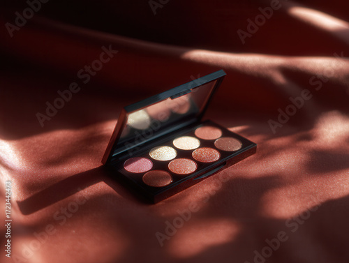 Palette di ombretti con colori metallici e brillanti illuminata da un raggio di luce, un concetto di cosmetica e makeup
