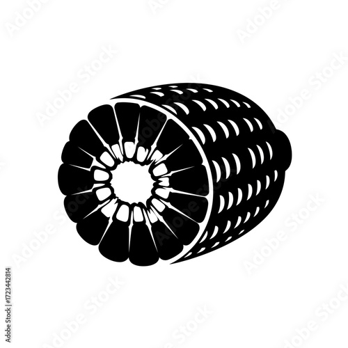 Corn Cob with Kernel Slice Silhouette Black Fill White Background