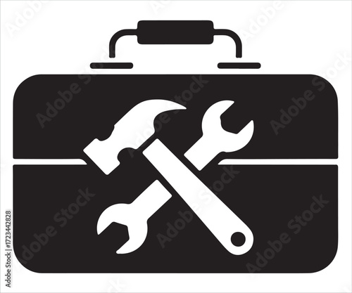 Black silhouette of toolbox icon with hammer and wrench symbol for repair and service