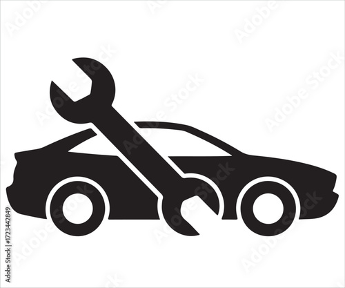 Black silhouette of car with wrenches and gear icon symbolizing auto repair and service