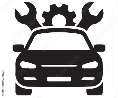 Black silhouette illustration of car with wrenches and gear symbol, concept for auto repair, vehicle maintenance, mechanical service, engineering, automobile diagnostics, garage workshop, transportati
