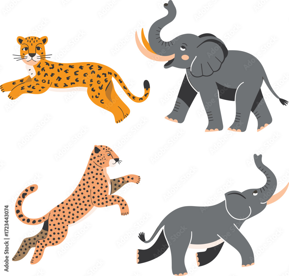 Fototapeta premium Leopard, Cheetah, Panther, Elephant vector on white background