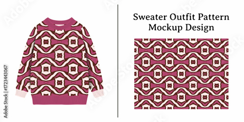 A maroon sweater with a geometric patterned design is displayed next to a swatch of the fabric pattern it features.