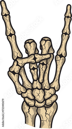 Skeleton Hand Rock and Roll Sign Illustration – Vintage Tattoo Style Bone Gesture Drawing