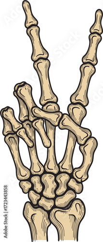 Skeleton Hand Peace Sign Illustration – Vintage Tattoo Style Bone Hand Gesture Drawing