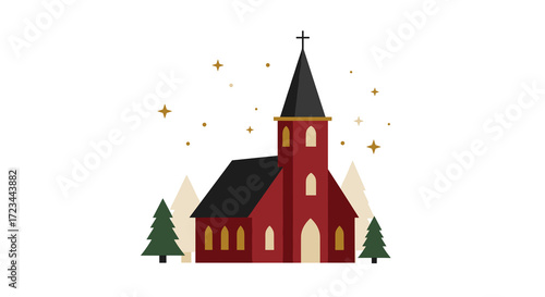 Red church silhouette with trees and stars representing Christmas  