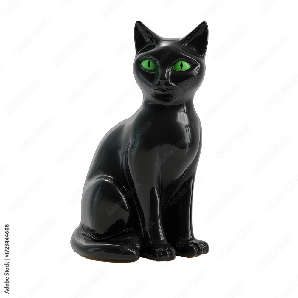 Obraz premium A vintage porcelain black cat figurine sits with an arched back and glowing green eyes, perfectly isolated on a pure transparent background