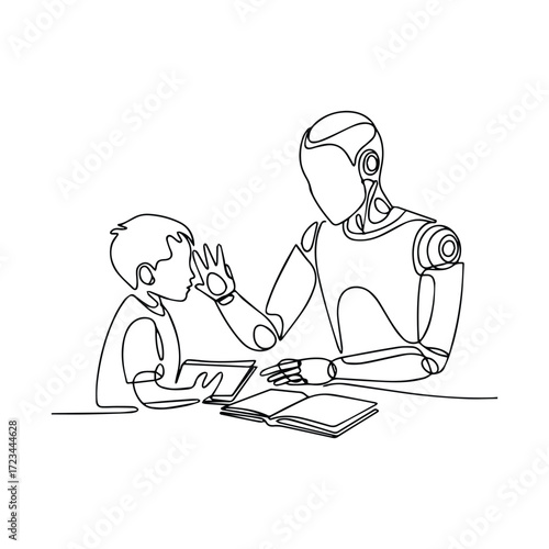 Robot and child learning together with technology and books